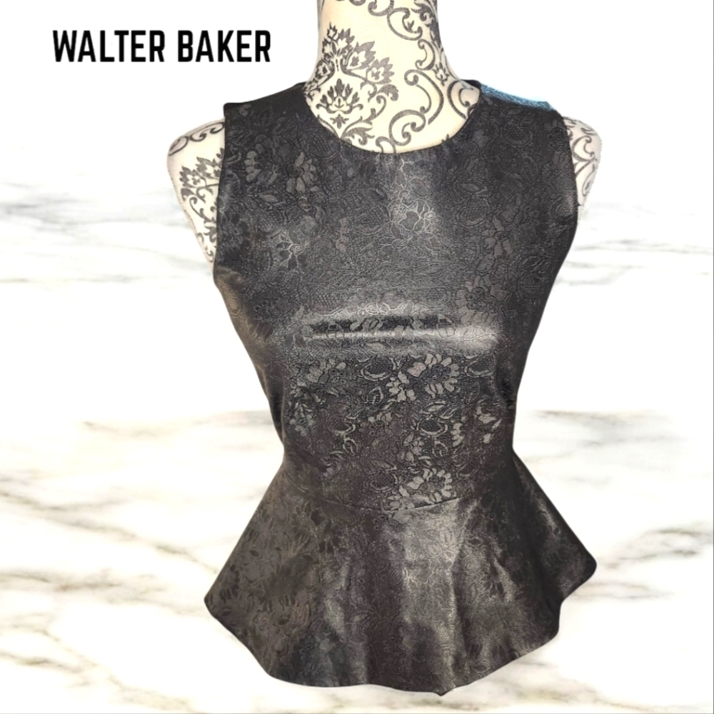 🆕️ WALTER BAKER Black Jacquard Front Ponte Back Peplum Hem Top- XSmall
